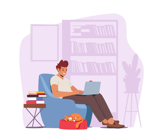 Man Freelancer Character Sitting In Comfortable Armchair Working On Laptop