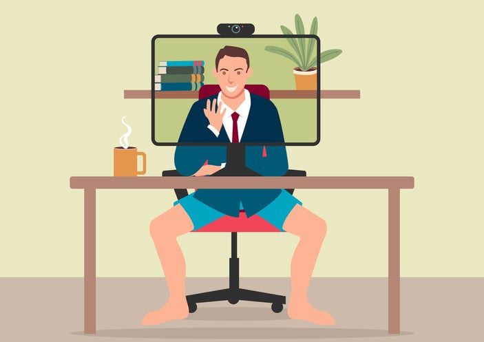 Simple flat vector illustration of a man works from home still wearing shorts while video conferencing