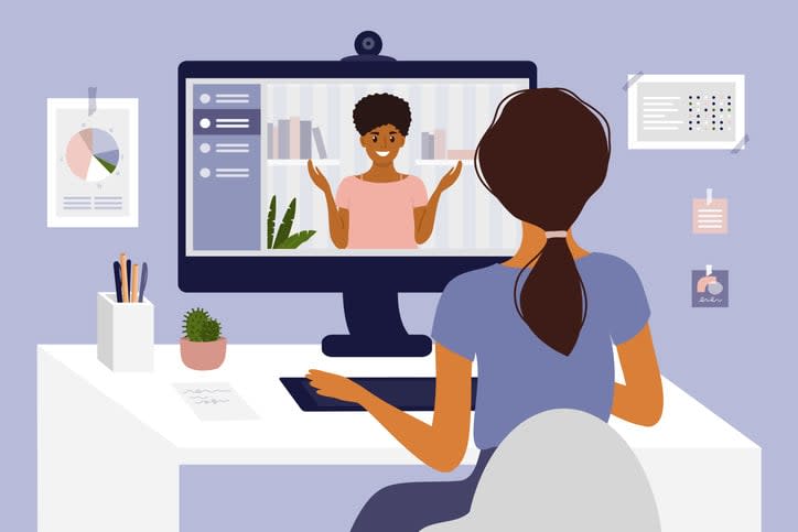 Young woman making video call through computer stock illustration