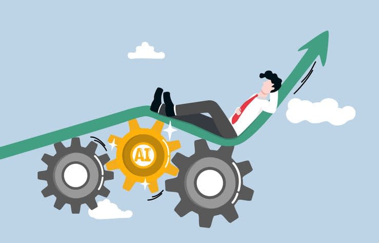 Relaxed businessman lying down on rapid fast growing graph over cogwheels with AI. stock illustration