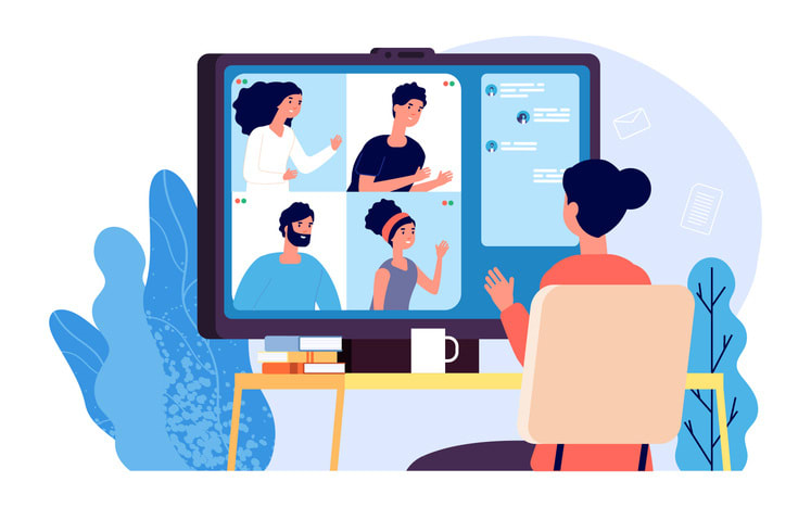 Group people have distance discussion, web meeting or digital webinar illustration