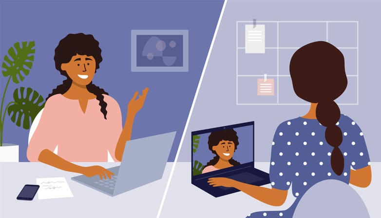 Two women making online video call and talking by laptop webcam stock illustration