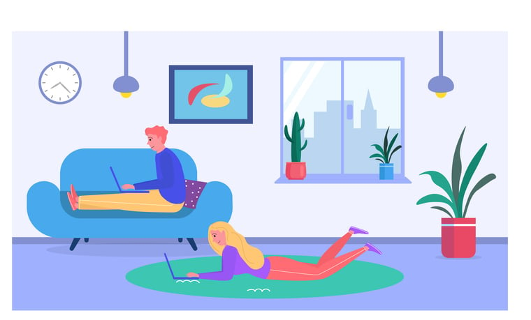 Freelancers at home with plants and city view