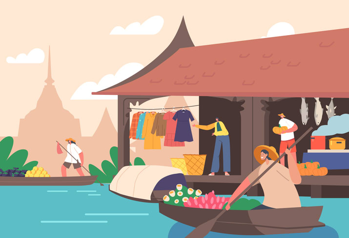 People Sell and Buy Goods on Floating Market in Thailand