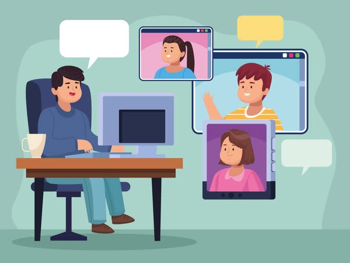 Man with computer at office and people in video chat