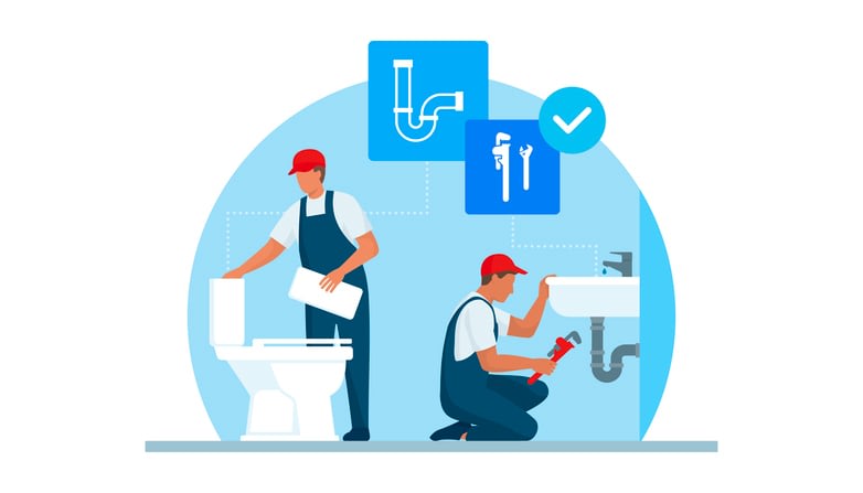 Professional plumbers at work stock illustration