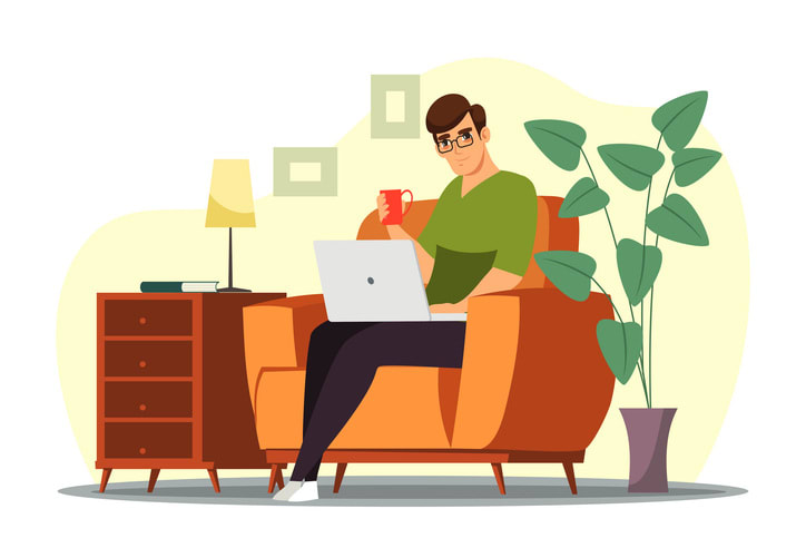 Man sits on chair with laptop, drinks coffee at home office stock illustration