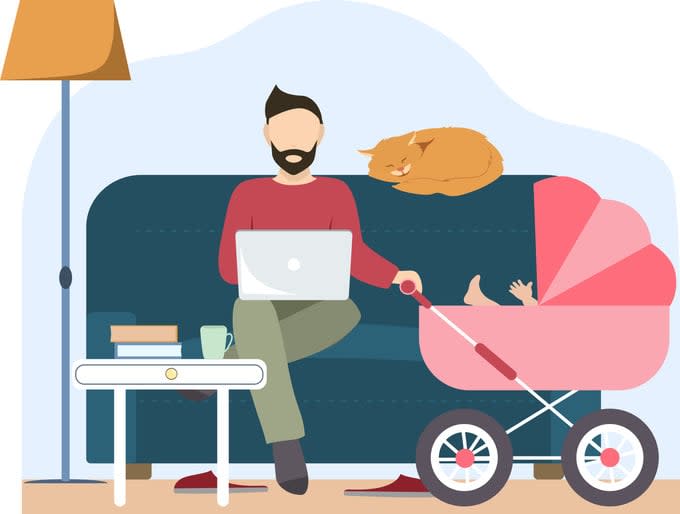 Teleworking man and father reconciling family and work life, accompanied by a domestic cat and their son or daughter in a baby carriage