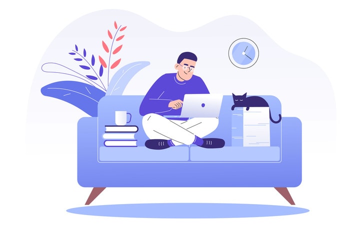 Young man or freelancer sitting on sofa with cat and working online with a laptop at home illustratio