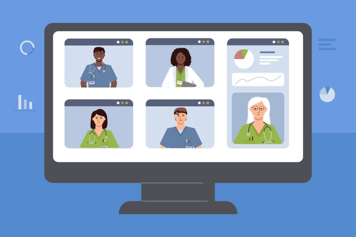 The screen of the monitor on which the video conference of doctors is drawn. stock illustration