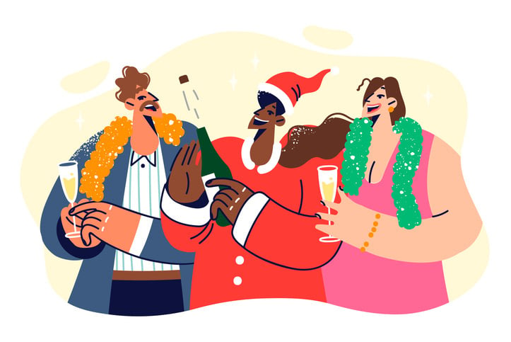 Friends celebrate christmas together and drink champagne rejoicing in new year and december holidays stock illustration