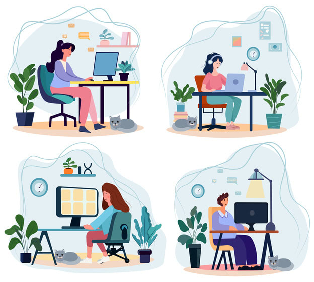 A depiction of the home office theme featuring a man and women working remotely