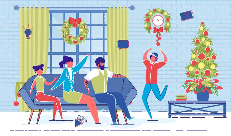 Happy Family Play Charades Game on Christmas Eve stock illustration