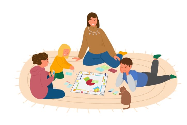 Mother Or Teacher Playing Boardgame With Children On The Floor stock illustration