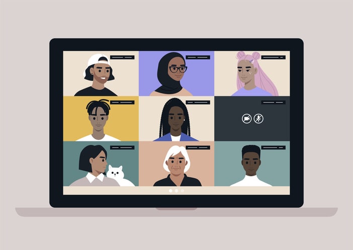 A team of diverse individuals discussing a project through a video call stock illustration