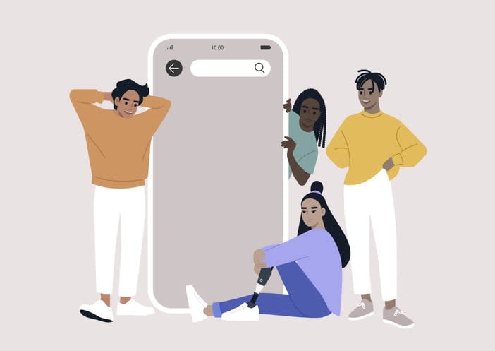 A group of young diverse characters gathered around a mobile phone template