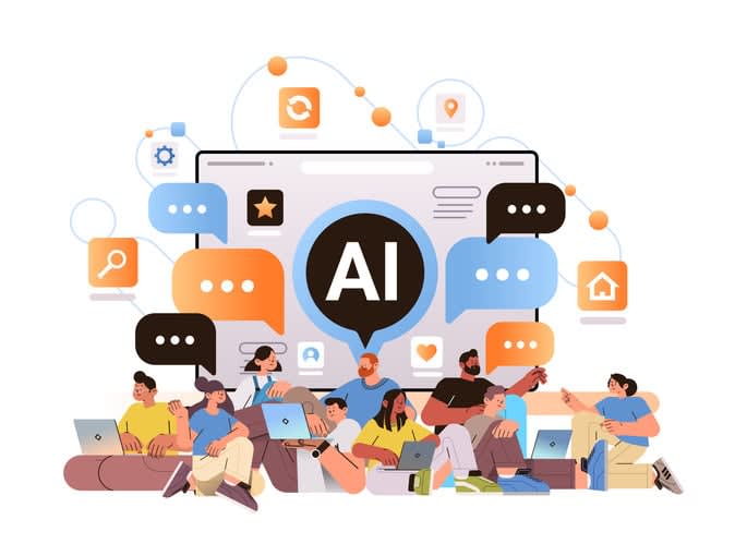 Mix race people chatting on social media with ai helper bot assistant profile generation digital communication concept stock illustration