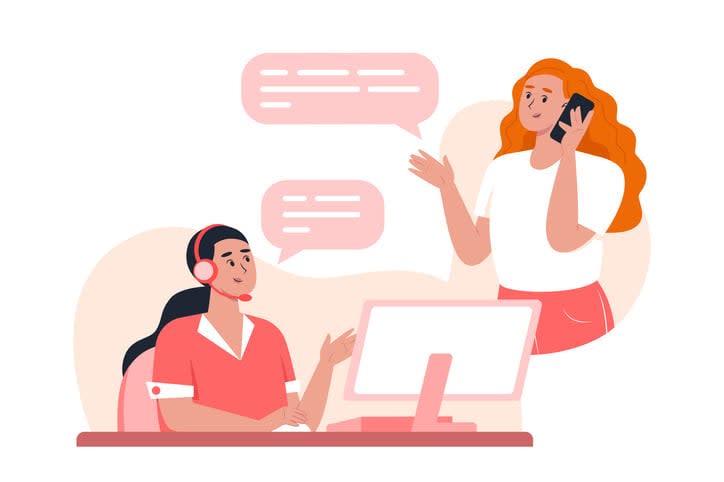 Customer support department staff helping a client via hotline call to solve a problem stock illustration