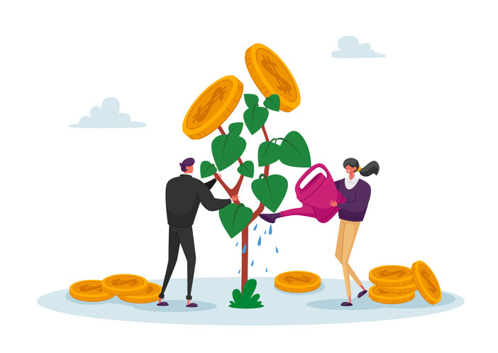 Business Man and Woman Characters Watering Money Tree