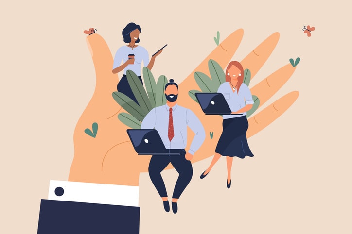 Tiny office workers sitting on huge hand stock illustration