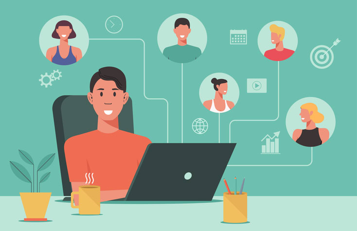 Man remote working concept on laptop computer stock illustration