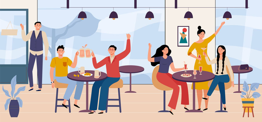 People in restaurant, party with beer or wine stock illustration