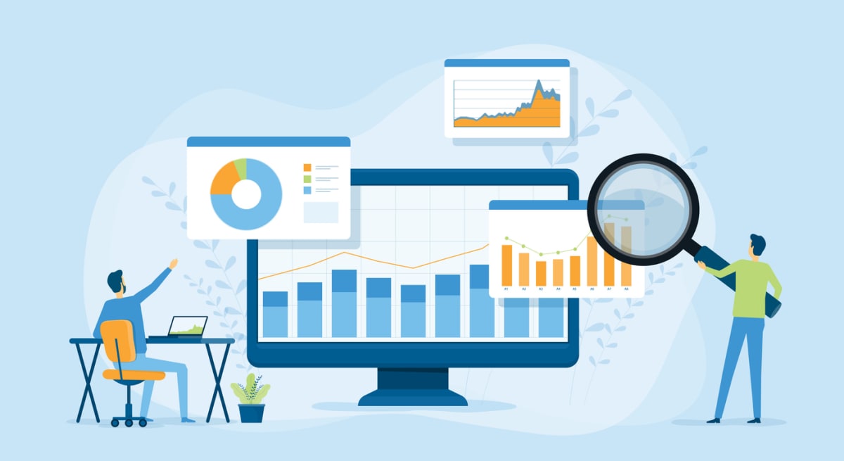 Flat vector design statistical and Data analysis for business finance investment concept with business people team working on monitor graph dashboard stock illustration