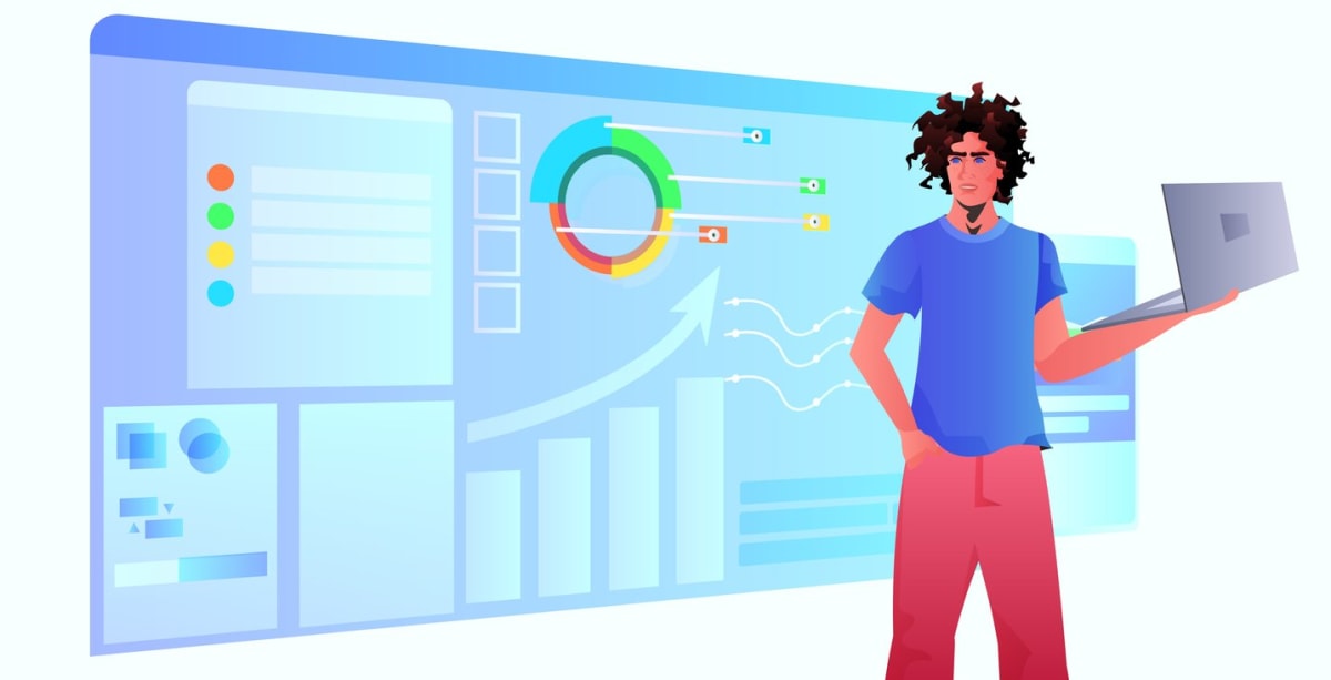 businessman with laptop monitoring financial statistics on virtual screen data analyzing concept horizontal portrait vector illustration