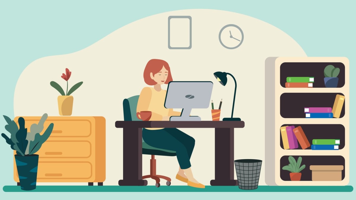 Vector illustration of a woman working efficiently at her home office setup