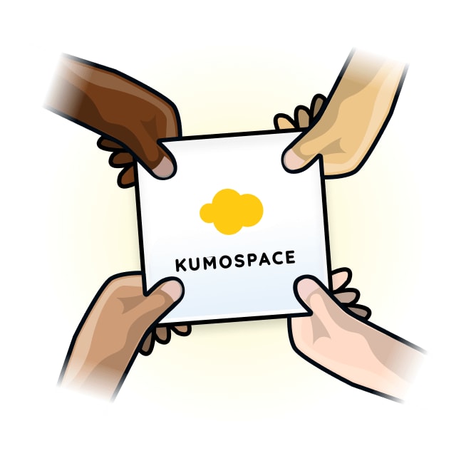 An icon showing four hands of various skin tones holding a piece of paper with the Kumospace logo.