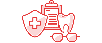 An icon with a tooth, a pair of eyeglasses, and a health chart.