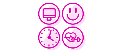 Four circles grouped together: one circle contains an icon of a monitor; another contains an icon of a smiling face; another contains an icon of an analog clock; the last contains an icon representing health.