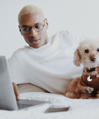 A person lounging on a bed with their dog, and using a laptop.