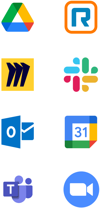 Logos from eight integrations available with Kumospace: Google Drive, Ring Central, Miro, Slack, Microsoft Outlook, Google Calendar, Microsoft Teams, and Zoom.